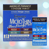 Kimono Sheer Variety Pack Condoms, available in two sizes, come in larger boxes with 24 condoms and smaller ones with 3. These lubricated condoms are marketed as America's thinnest and most sensitive, having undergone 5X testing for added strength and reliability. The variety pack includes Large, Ribbed, and Ultra Lube options to cater to different preferences.